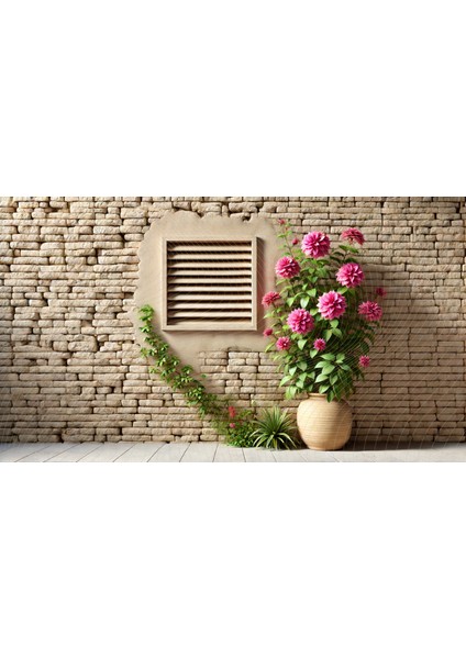 Taş Duvar Üzerinde Pembe Çiçekli Saksı ve Panjurlu Pencere Temalı Stüdyo Arkaplanı 200X150CM Profesyonel Fotoğrafçılık Fonu Arka Plan