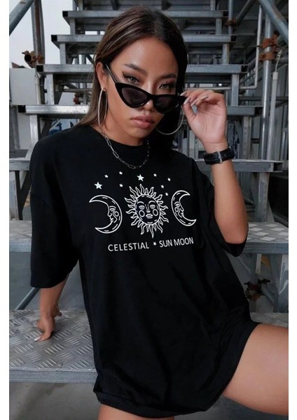 Unisex Baskılı Oversize T-Shirt - Siyah