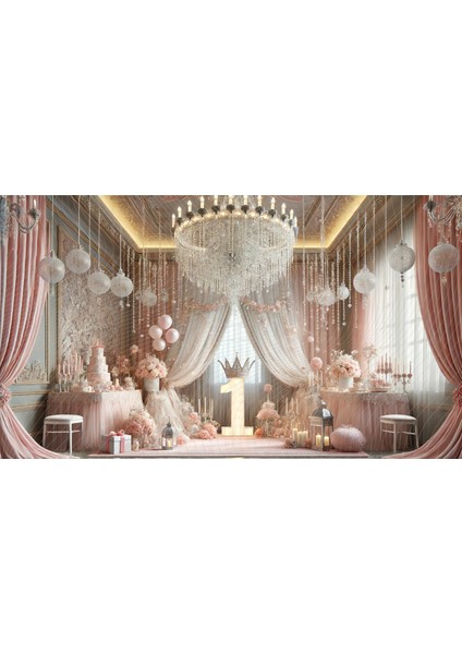 Kristal Avize ve Pembe Dekorasyonlarla Süslenmiş Lüks Bebek Partisi Stüdyo Arkaplanı - Profesyonel Fotoğrafçılık Fonu 200X150CM Arka Plan