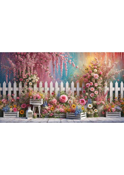 Renkli Çiçekler ve Beyaz Çit Temalı Profesyonel Fotoğrafçılık Fonu - 200X150CM Stüdyo Arkaplanı