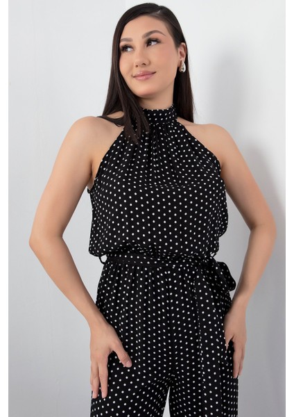 Halter Yaka Kuşaklı Puanlı Tulum VRN7818 fiyatları