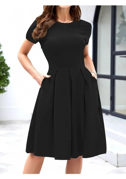 Kadın Kısa Kollu Bisiklet Yaka Pileli Midi Krep Elbise fiyatları