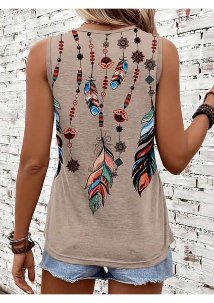 Kadın Renkli Kuş Tüyü Baskı Kolsuz Süprem Bluz fiyatları