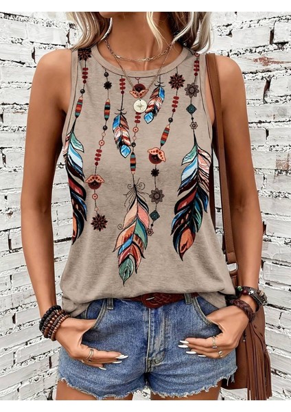 Kadın Renkli Kuş Tüyü Baskı Kolsuz Süprem Bluz modelleri