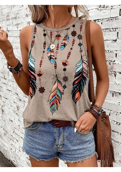 Kadın Renkli Kuş Tüyü Baskı Kolsuz Süprem Bluz fırsatları