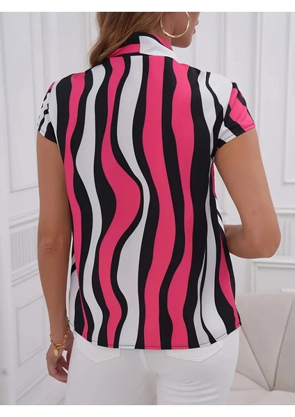 Kadın Kısa Kollu Yakası Bağlama Detay Dalga Desen Spor Licra Bluz fırsatları