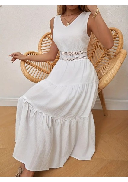 Kadın Bel Güpür Detay Mini Boy Sofia Keten Sıfır Kol Elbise fiyatları