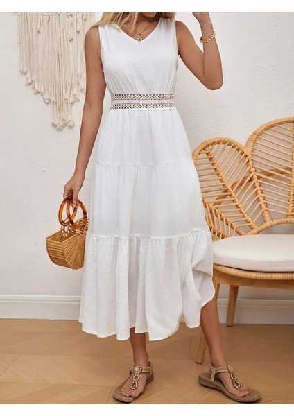 Kadın Bel Güpür Detay Mini Boy Sofia Keten Sıfır Kol Elbise indirimleri