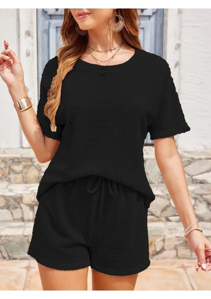 Kadın Kısa Kollu Bisiklet Yaka Alt ve Üst Waffle Ikili Takım indirimleri