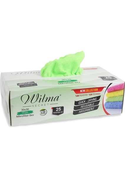 Adı: Wilma Secret Mikrofiber Temizlik Bezi Kutulu 25 Adet - Yeniden Kullanılabilir Mikrofiber Bezler 30X30CM 180GSM - Araç, Mutfak, Banyo, Ofis, Toz Bezi - Hav Tüy Bırakmaz (Yeşil)