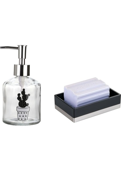 Kaktüs Desenli Cam Sıvı Sabunluk ve Akrilik Siyah Sabunluk