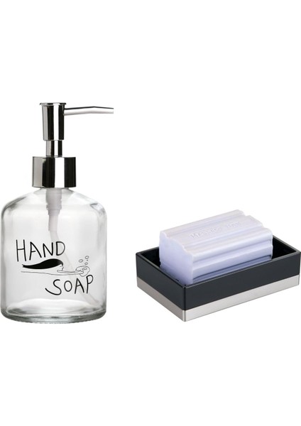 El Sabunu Yazılı Cam Sıvı Sabunluk ve Akrilik Siyah Sabunluk