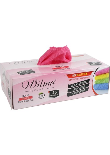 Adı: Wilma Secret Mikrofiber Temizlik Bezi Kutulu 25 Adet - Yeniden Kullanılabilir Mikrofiber Bezler 30X30CM 180GSM - Araç, Mutfak, Banyo, Ofis, Toz Bezi - Hav Tüy Bırakmaz (Pembe)