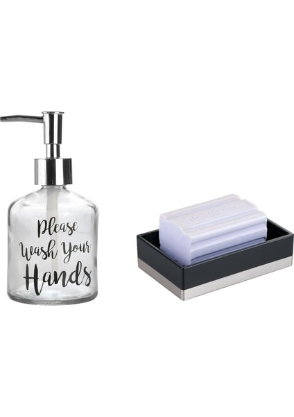 Yazılı Cam Sıvı Sabunluk ve Akrilik Siyah Sabunluk