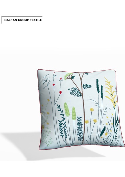 Spring Flower Nakışlı Pamuklu Biyeli Dekoratif Kırlent Kılıfı