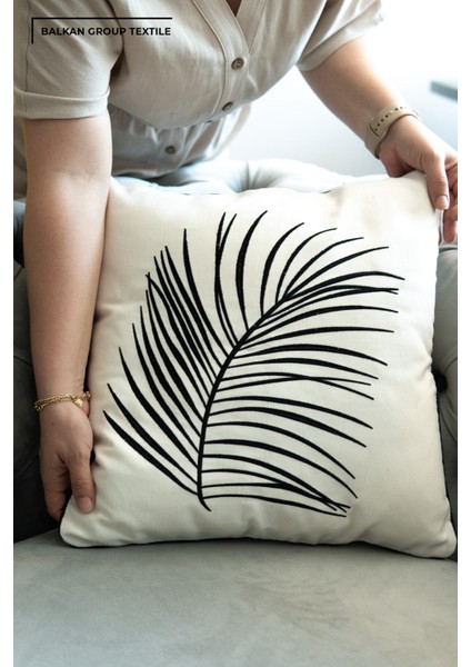 Palm Leaf Nakışlı Pamuklu Biyeli Dekoratif Kırlent Kılıfı