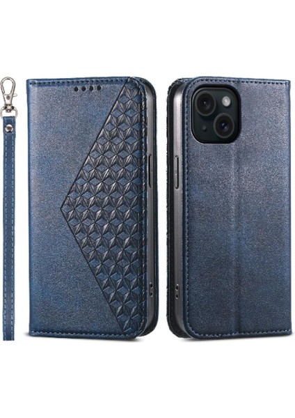 IPhone 15 Için Flip Case Standı Eşkenar Dörtgen Şekli Cüzdan El Kayışı Günlük Kullanım (Yurt Dışından)
