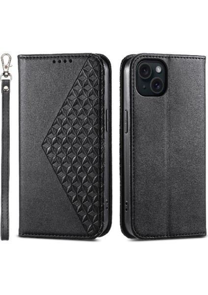 IPhone 15 Için Flip Case Artı El Kayışı Eşkenar Dörtgen Şekli Standı Cüzdan Günlük (Yurt Dışından)