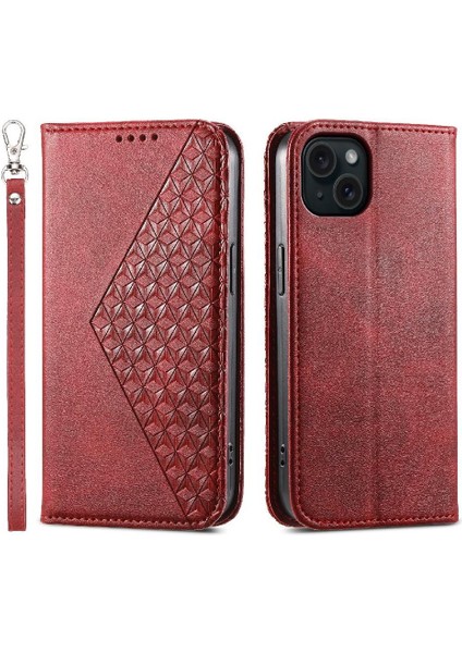 IPhone 15 Için Flip Case Artı El Kayışı Eşkenar Dörtgen Şekli Standı Cüzdan Günlük (Yurt Dışından)