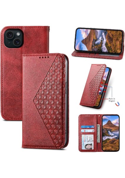 IPhone 15 Için Flip Case Artı El Kayışı Eşkenar Dörtgen Şekli Standı Cüzdan Günlük (Yurt Dışından)