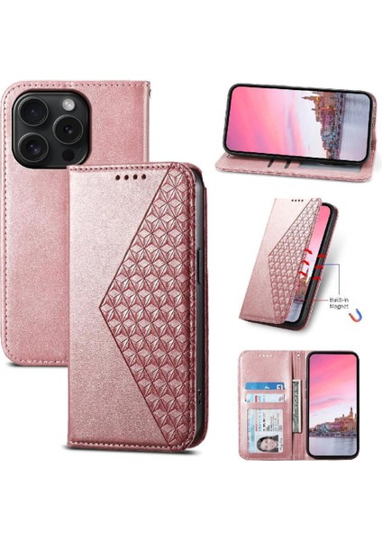 IPhone 15 Için Flip Case Pro El Kayışı Günlük Kullanım Eşkenar Dörtgen Şekli Standı Cüzdan (Yurt Dışından)