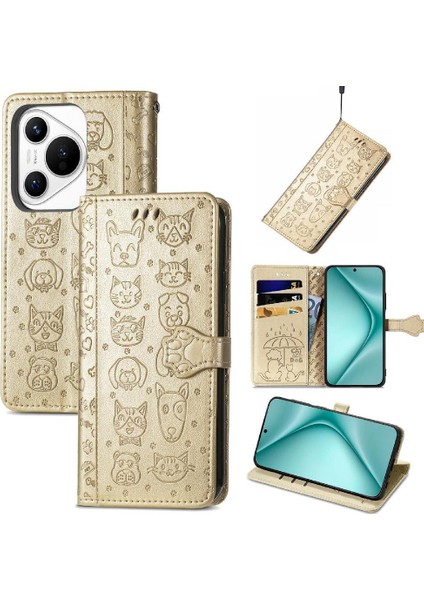 Huawei Pura 70 Pro Için Flip Case Kısa Kayış Karikatür Hayvanlar Darbeye (Yurt Dışından)