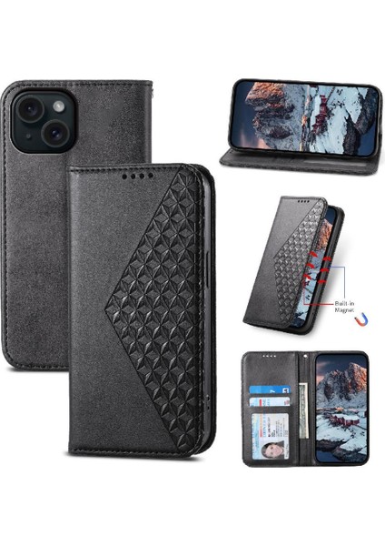 IPhone 15 Için Flip Case Standı Eşkenar Dörtgen Şekli Cüzdan El Kayışı Günlük Kullanım (Yurt Dışından)