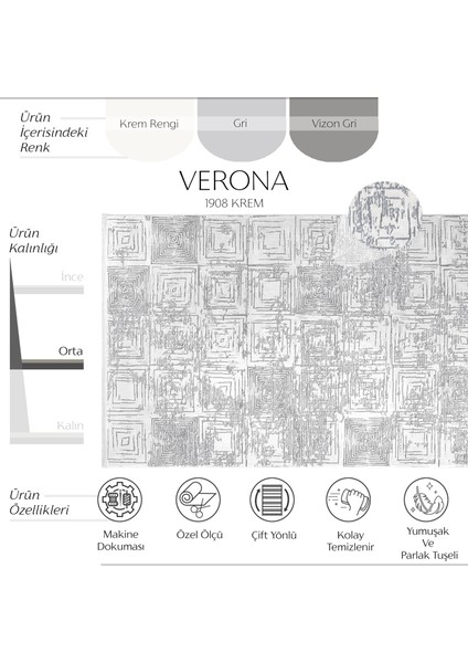 Verona 1908 Krem Hav Toz Vermez Salon Halısı Kolay Temizlenen Kaymaz Taban Halı Koridor Kesme Yolluk Yumuşak Dokulu Dokuma Makine Halısı