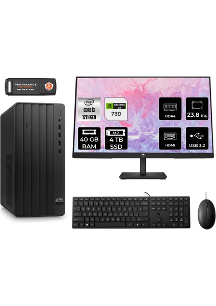 Pro Tower 290 G9 Intel Core I3 12100 40GB 4tb GT730/4GB 23.8" Fhd Monitör Fdos 6D3A1EA Masaüstü Bilgisayar & Per4 USB Bellek 6D3A1EAMNT2340