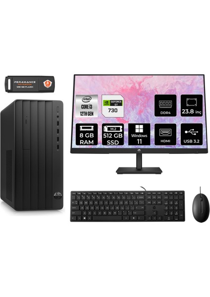 Pro Tower 290 G9 Intel Core I3 12100 8gb 512GB GT730/4GB 23.8" Fhd Monitör W11H 6D3A1EA Masaüstü Bilgisayar & Per4 USB Bellek 6D3A1EAMNT2352