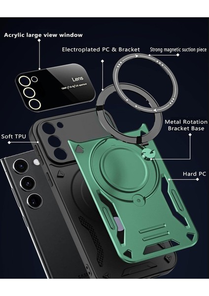 Samsung Galaxy S23 Fe Uyumlu Kılıf Magsafe Standlı Kamera Lens Korumalı Kılıf Dayanıklı Renkli Tank Kapak Sert Silikon Zırhlı Arka Kapak