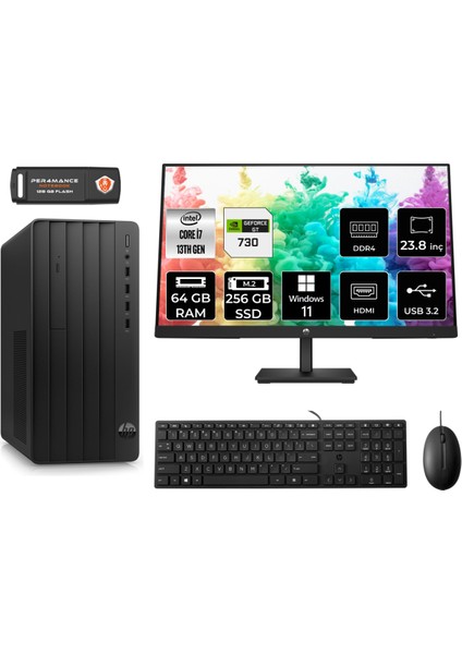 Pro Tower 290 G9 Intel Core I7 13700 64GB 256GB SSD GT730/4GB 23.8" Fhd Monitör W11H 8T2X1ES Masaüstü Bilgisayar & Per4 USB Bellek 8T2X1ESMNT2396