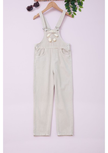 Bej Ayıcıklı Göğüs Cepli Kız Çocuk Salopet Tulum 18755