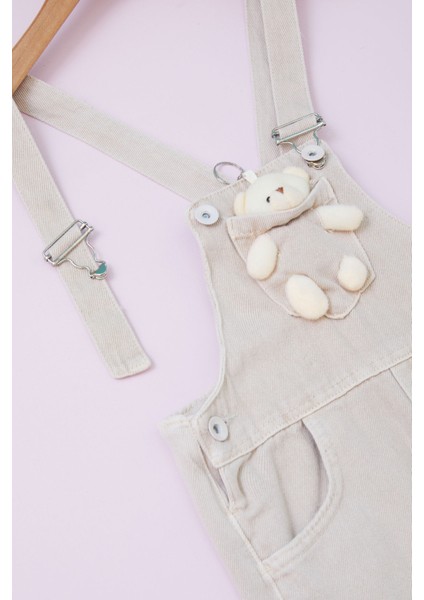 Bej Ayıcıklı Göğüs Cepli Kız Çocuk Salopet Tulum 18755 fiyatları