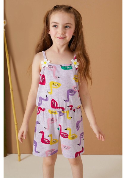 Lila Kuğu Baskılı Yazlık Kız Çocuk Şort Tulum 19083