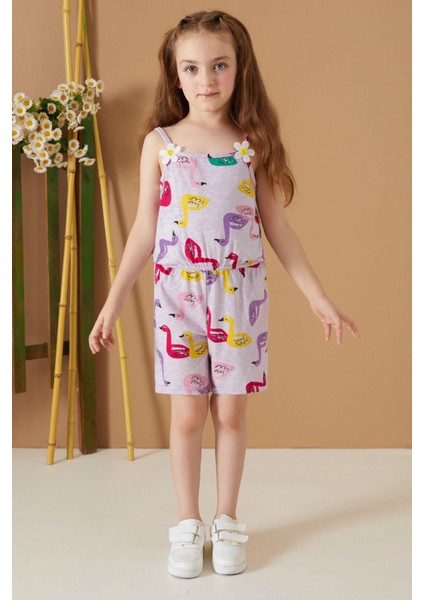 Lila Kuğu Baskılı Yazlık Kız Çocuk Şort Tulum 19083 modelleri