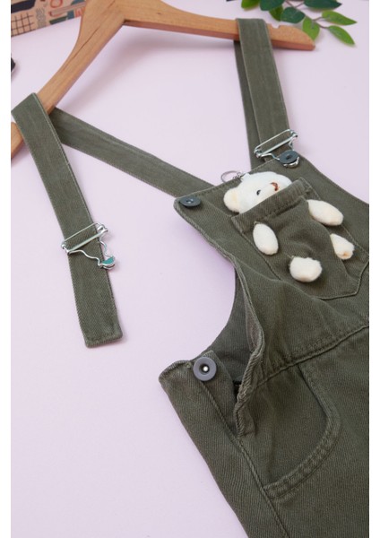 Haki Ayıcıklı Göğüs Cepli Kız Çocuk Salopet Tulum 18754 fiyatları