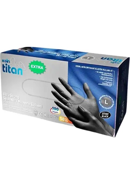 Titan Extra Siyah Nitril Muayene Eldiveni Pudrasız Ultra Strong Large