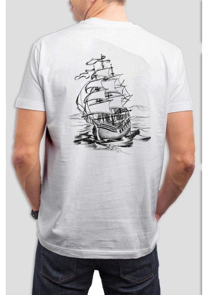 Gemi Baskılı Beyaz Unisex Tişört C728