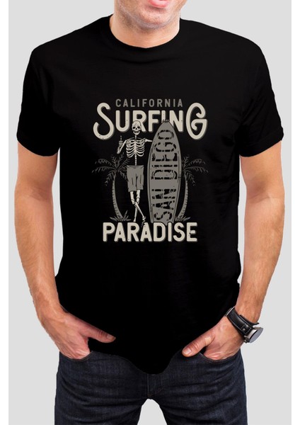 Surfing Baskılı Siyah Unisex Tişört C737