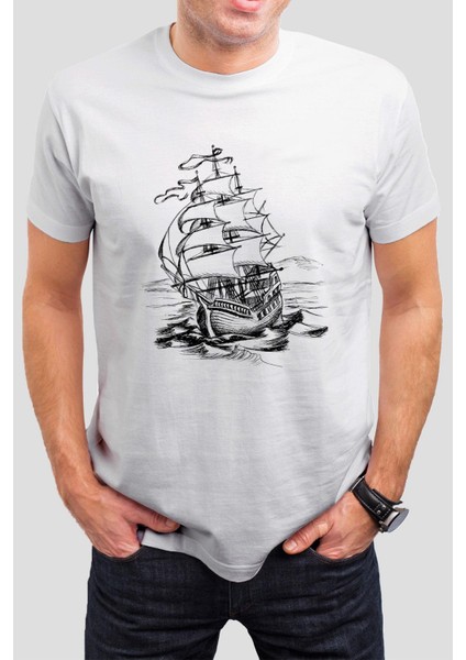 Gemi Baskılı Beyaz Unisex Tişört C729
