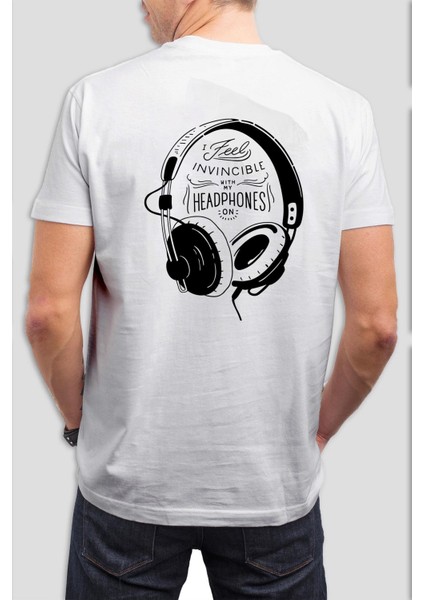 Kulaklık Baskılı Beyaz Unisex Tişört C731