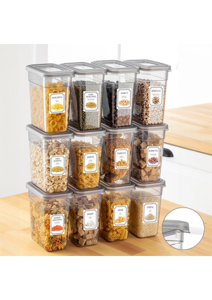 12'li 1100 ml Etiketli Plastik Erzak Saklama Kabı Seti – Sızdırmaz Kapaklı Şeffaf Tasarım, Mutfak Düzeni ve Gıda Koruma İçin