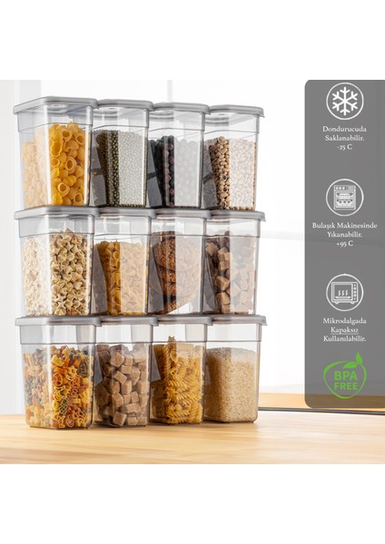 12'li 1100 ml Etiketli Plastik Erzak Saklama Kabı Seti – Sızdırmaz Kapaklı Şeffaf Tasarım, Mutfak Düzeni ve Gıda Koruma İçin fiyatları