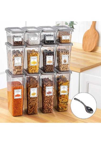 12'li Sızdırmaz Kapak Kaşıklı Saklama Kabı Seti - Etiketli Baharatlık - 4X(580 Ml, 1100 Ml, 1580 Ml)