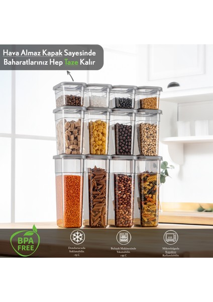 12'li Sızdırmaz Kapak Kaşıklı Saklama Kabı Seti - Etiketli Baharatlık - 4X(580 Ml, 1100 Ml, 1580 Ml)