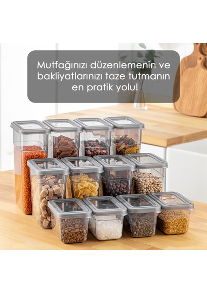 12'li Sızdırmaz Kapak Kaşıklı Saklama Kabı Seti - Etiketli Baharatlık - 4X(580 Ml, 1100 Ml, 1580 Ml)