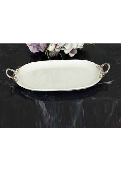 Caş Dekorasyon Kulplu Oval Porselen Sunum Tabağı Servis Tabağı SUNUMLUK-33X21 cm