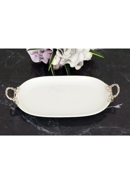 Caş Dekorasyon Kulplu Oval Porselen Sunum Tabağı Servis Tabağı SUNUMLUK-33X21 cm