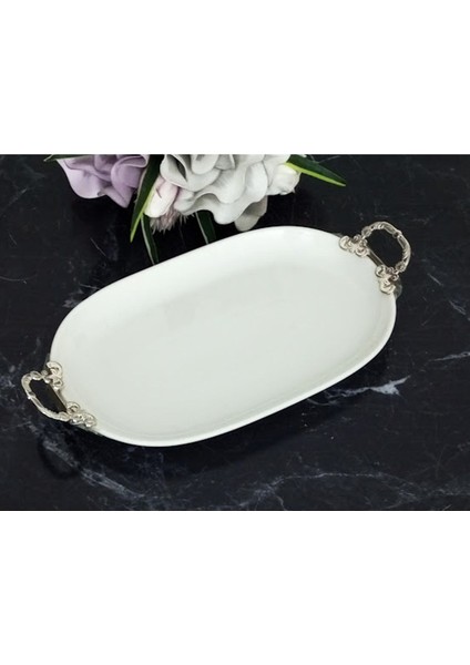 Caş Dekorasyon Kulplu Oval Porselen Sunum Tabağı Servis Tabağı SUNUMLUK-33X21 cm